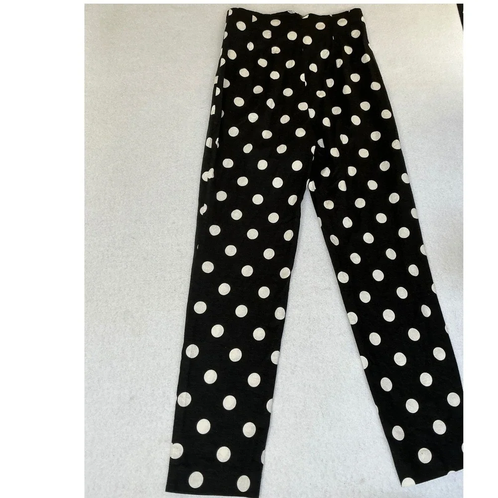 Zara Polka Dot Trousers Women XS Black White Linen Blend High Rise Straight Leg